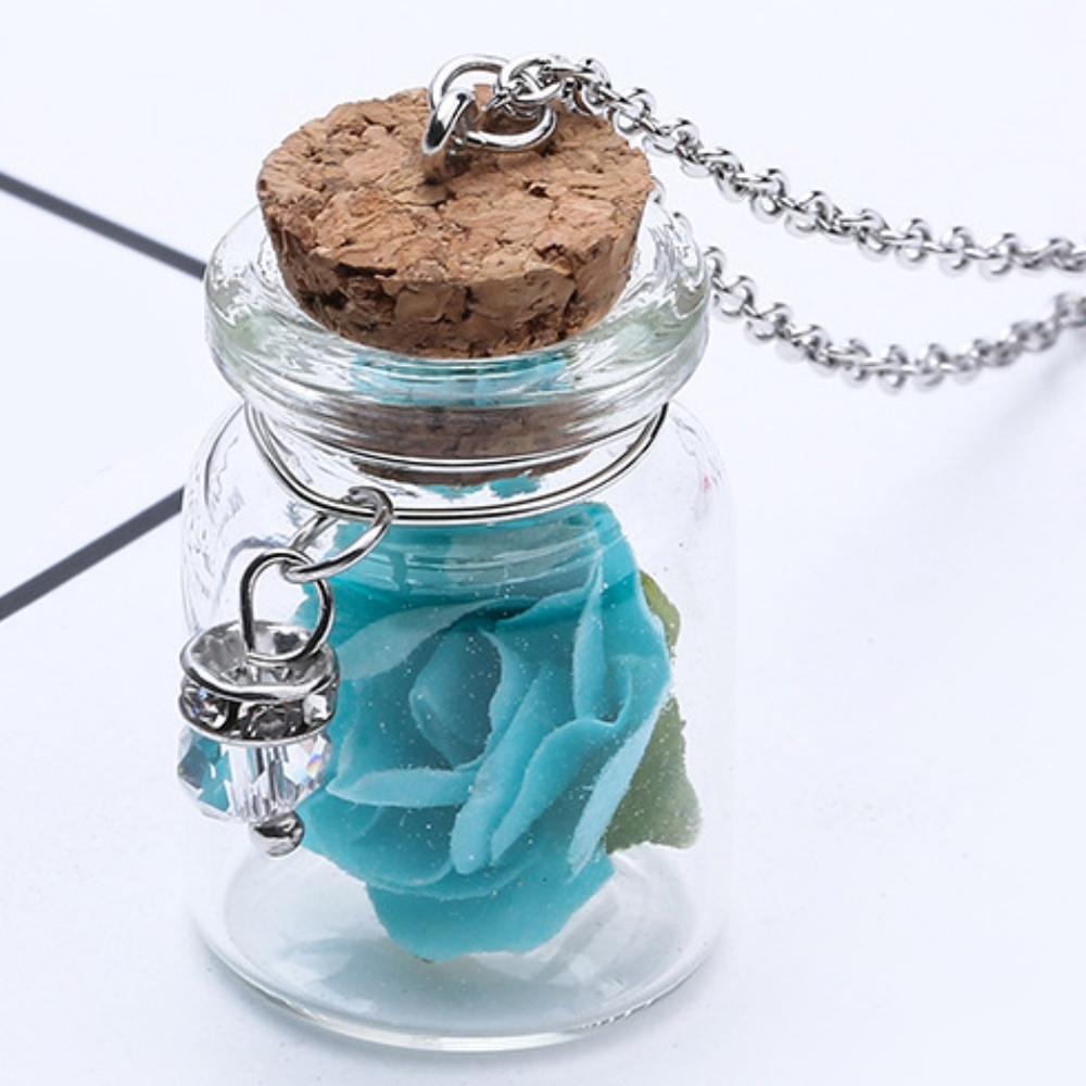 Blue Rose Wish Bottle Necklace